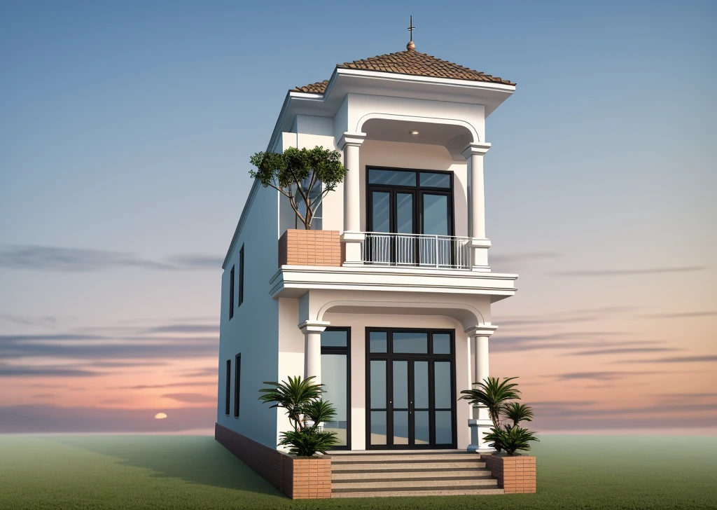 PLATFORM KTHOUSE, neoclassical villa, main materials of the villa are white walls: 1.2 and stone: 1.2, ((stone fence : 1.2)), 1 track in front of the house, (RAW photo, real, best quality, masterpiece: 1.2 ), neoclassical style, blue sky :1.3, (super realistic, actual photo:1.2), high quality, (sunrise light:1.3), perfect lighting, Archdaily, (many green trees)