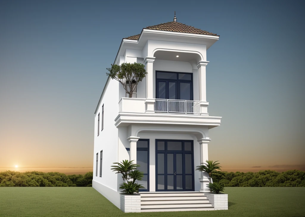 PLATFORM KTHOUSE, neoclassical villa, main materials of the villa are white walls: 1.2 and stone: 1.2, ((stone fence : 1.2)), 1 track in front of the house, (RAW photo, real, best quality, masterpiece: 1.2 ), neoclassical style, blue sky :1.3, (super realistic, actual photo:1.2), high quality, (sunrise light:1.3), perfect lighting, Archdaily, (many green trees)