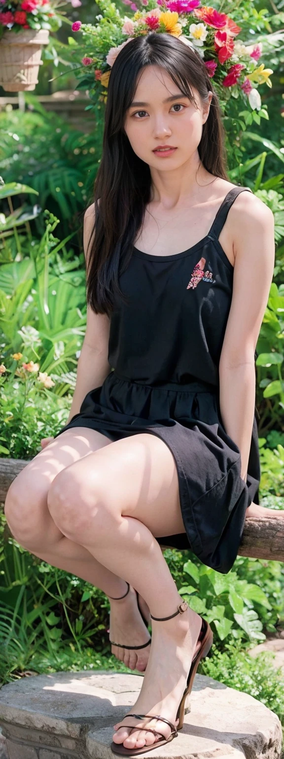 Open shirt, (((Leaning forward))), ((,Round face, Around 17 years old,mini skirt、A loose-fitting tank top)),  Long Hair, , Natural Makeup, Lips become thicker, Sexy Gaze, barefoot, ((Raise one leg)),  Shooting from below,Gentle expression ,((Extremely precise and accurate anatomy)),  (masterpiece:1.43), Perfect proportions, Realistic photos, Full Shot, whole body, (height: 165cm), 