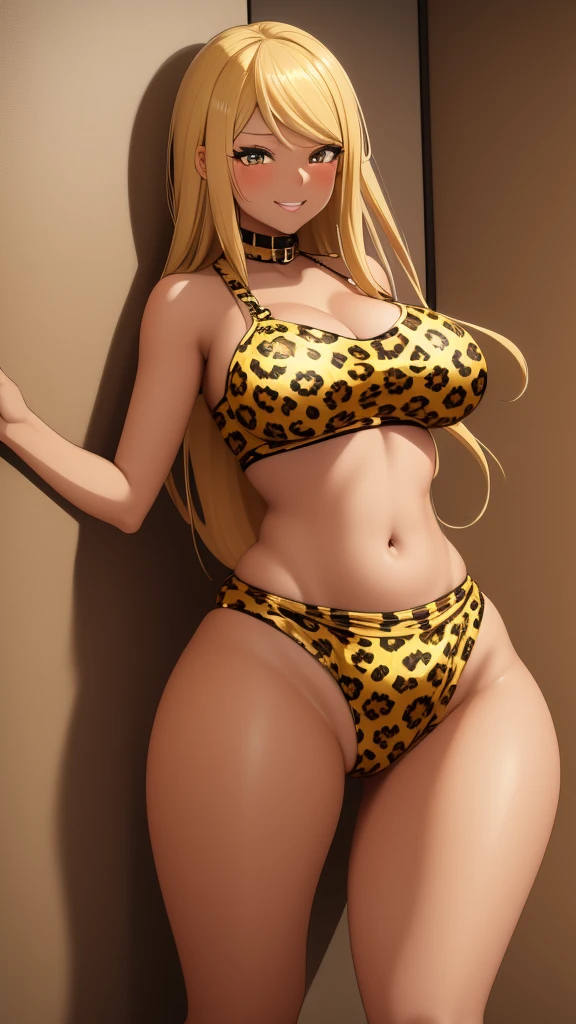 1 girl, golden blonde hair, golden eyes, very tan skin, solo, gyaru, shoulder length hair, curvy, very wide hips, large ass, narrow waist, thick thighs, very huge breasts, leopard print bikini, bubbly smile, navel piercing, navel, blowjob motion with hand, ahegao face