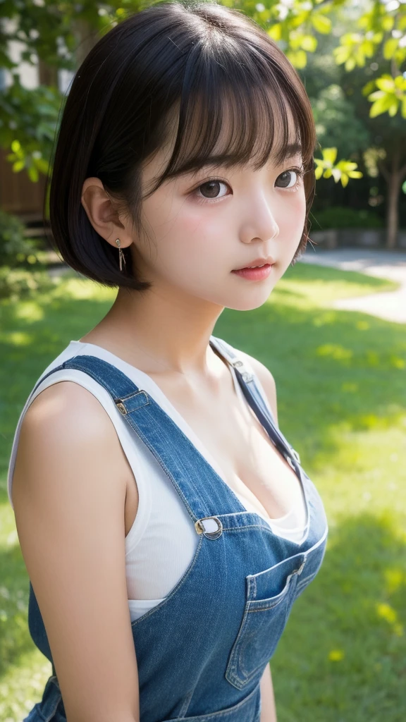 (1 young girl)、(Beautiful Japanese、,Round face、refresh、clear、Seems kind、stylish、Pathetic、cute like an angel、cute、iris、,actress,Almond-shaped eyes), Good style , (Beautiful big boobs:1.0),(Soft Breasts),(very cute),(Black Hair),(Short Bob Hair),(Captivating eyes),(Eye highlights:1.2)、(8K、Live Shooting、Highest quality、masterpiece:1.2、Optimal Lighting)、((masterpiece)),(Photos taken by a professional photographer),(Genuine、photo Genuine:1.4),break,{ (Sleeveless tops and overalls),(((Healthy Breast Flush))),(Middle schoot)),(Cleavage:0.7)},(Crying Jaw:1.3),(tears:1.2),(Red cheeks:1.2), Face shot:1.3、summer、View your audience, Face close-up,From below,(close your eyes)