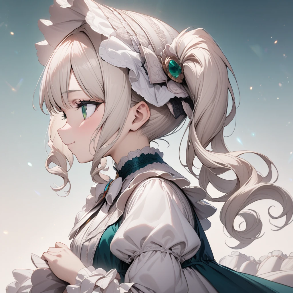 Platinum Blonde hair,curls,(emerald green eyes),long eyelashes,(light pink victorian dress),puffy short sleeves,frilled dress,wide brimmed Bonnet with bows,bustshot,masterpiece,highress,soft smile,bishoujo,peterpan collar,profile,white accents,white trim,white frills,curly side ponytail,solo
