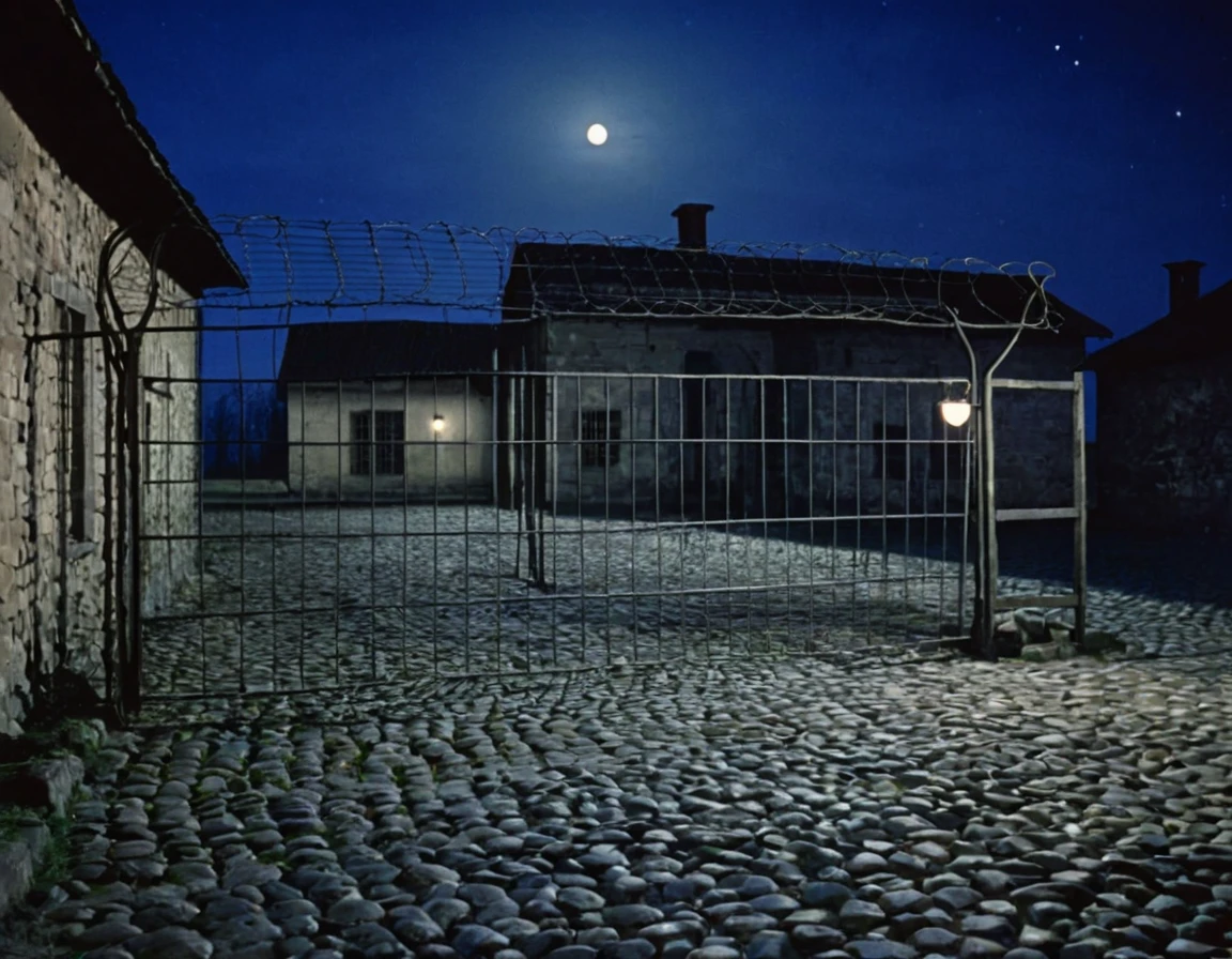 outside old house in concentration camp, wire fence around, 1940s, darknes night, cobblestone street, some prisioners in background, moonlight iluminating the night