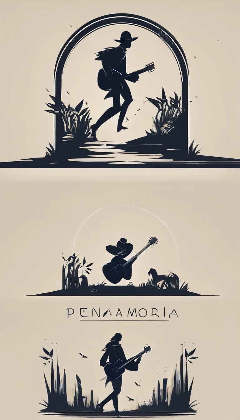 A minimal, modern, simple, cinematic, minimalistic logo design for the brand “Penamemoria". The logo design must be a simple, magical feather and a boy running and holding an acoustic guitar. The logo must convey a sense of music, stories and dreams. Logo design impressed on a book cover. Minimalistic logo