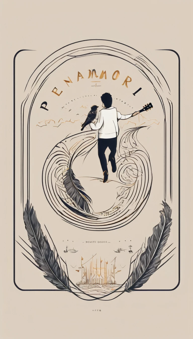 A minimal, modern, simple, cinematic, minimalistic logo design for the brand “Penamemoria". The logo design must be a simple, magical feather and a boy running and holding an acoustic guitar. The logo must convey a sense of music, stories and dreams. Logo design impressed on a book cover. Minimalistic logo