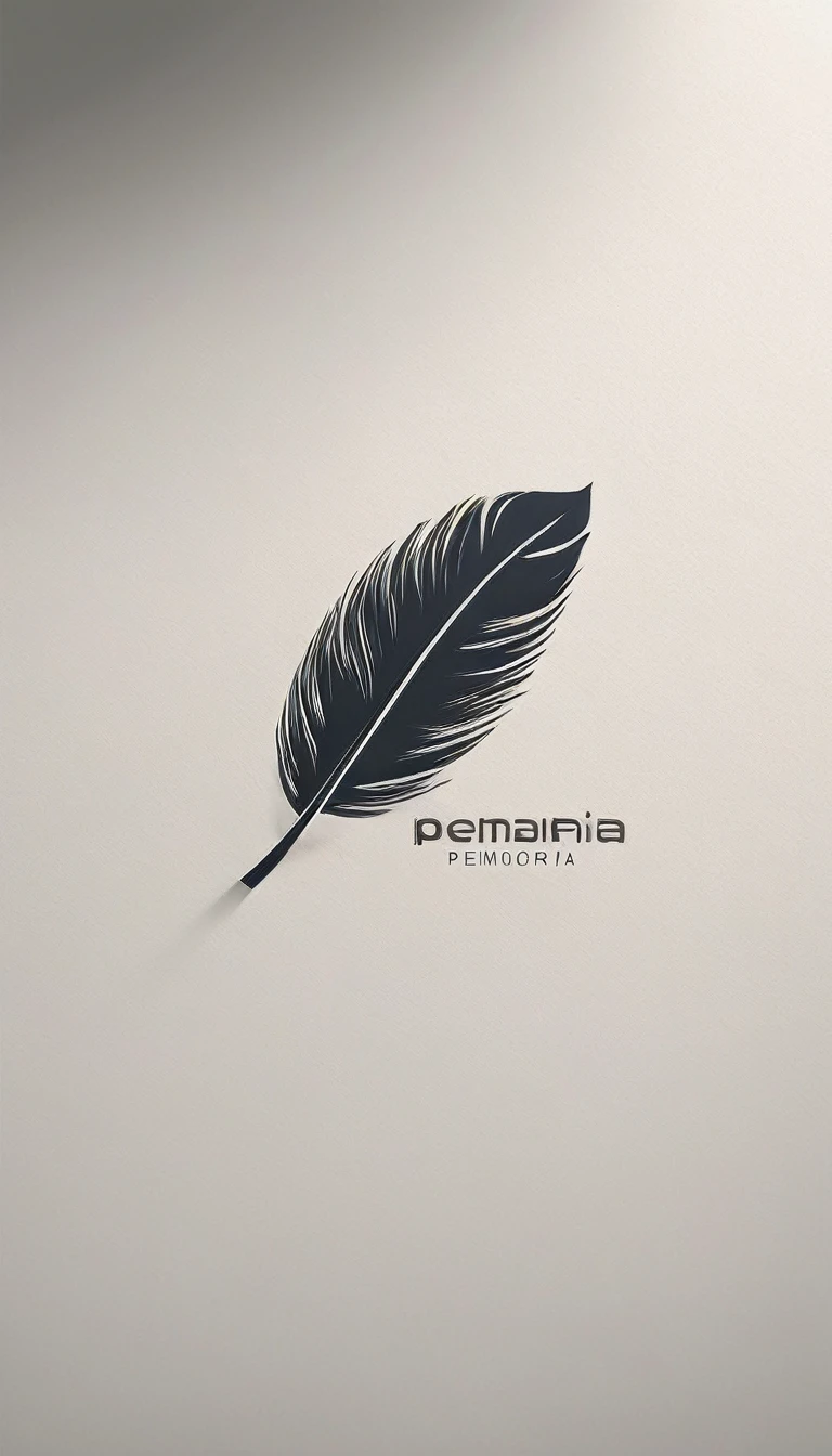 A minimal, modern, simple, cinematic, minimalistic logo design for the brand “Penamemoria". The logo design must be a simple, magical feather and a boy running and holding an acoustic guitar. The logo must convey a sense of music, stories and dreams. Logo design impressed on a book cover. Minimalistic logo