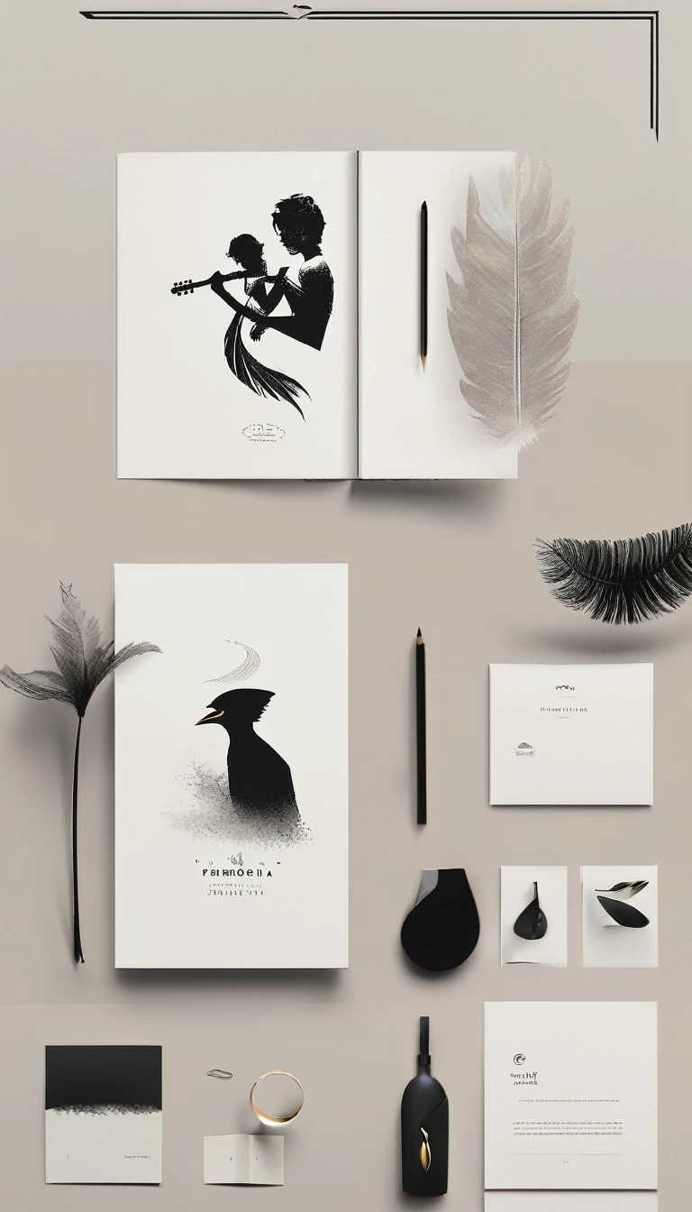 A minimal, modern, simple, cinematic, minimalistic logo design for the brand “Penamemoria". The logo design must be a simple, magical feather and a boy running and holding an acoustic guitar. The logo must convey a sense of music, stories and dreams. Logo design impressed on a book cover. Minimalistic logo