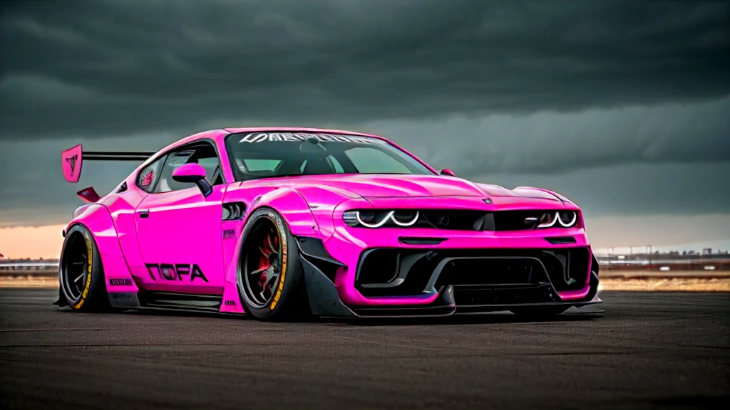 Supercar-forza game ready design, wide body, custom design build, cinematic, wide angle, studio light, tactical bodywork for supreme aerodynamics, (dirt neon grungy pink), broody and atmospheric, ominous sky, low light, vivid and gritty, retro futuristic sci-fi influences 