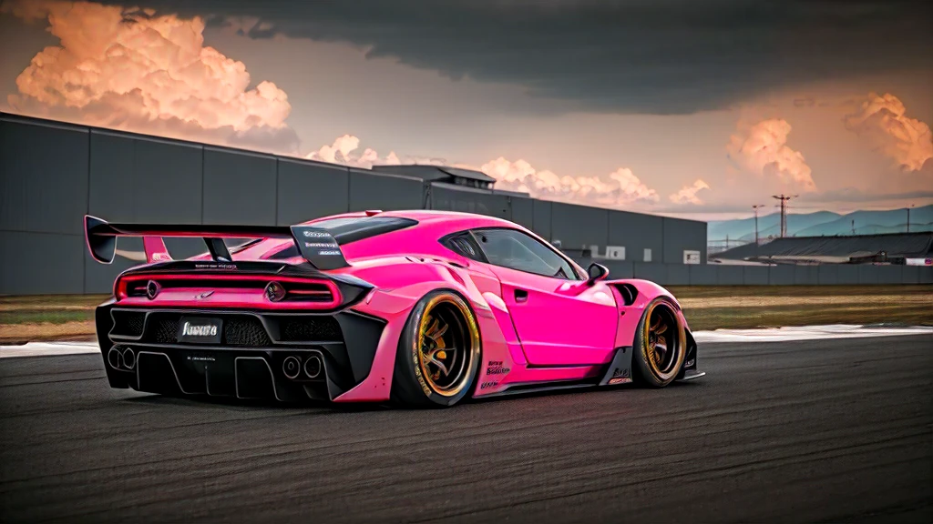 Supercar-forza game ready design, wide body, custom design build, cinematic, wide angle, studio light, tactical bodywork for supreme aerodynamics, (dirt neon grungy pink), broody and atmospheric, ominous sky, low light, vivid and gritty, retro futuristic sci-fi influences 