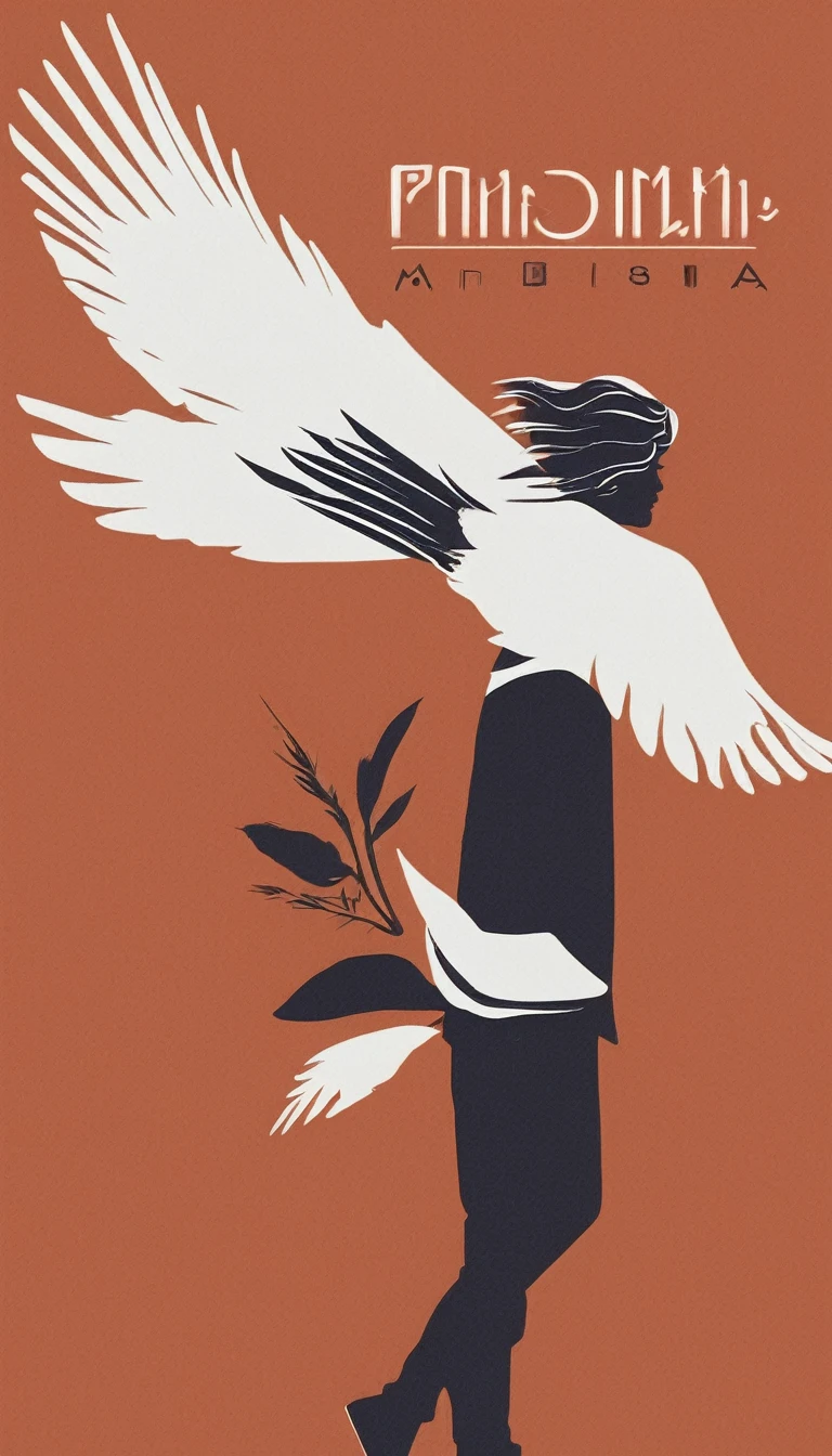 Create a modern, minimalistic logo design for a brand about music and movies called " Penamemoria". The logo must be in minimalistic style and convey a sense of storytelling. The logo is the silhouette of a boy and a bird. The boy is running with open arms, holding an acoustic guitar in the right hand and a bird feather in the left hand. Minimalistic logo design impressed on a book cover
