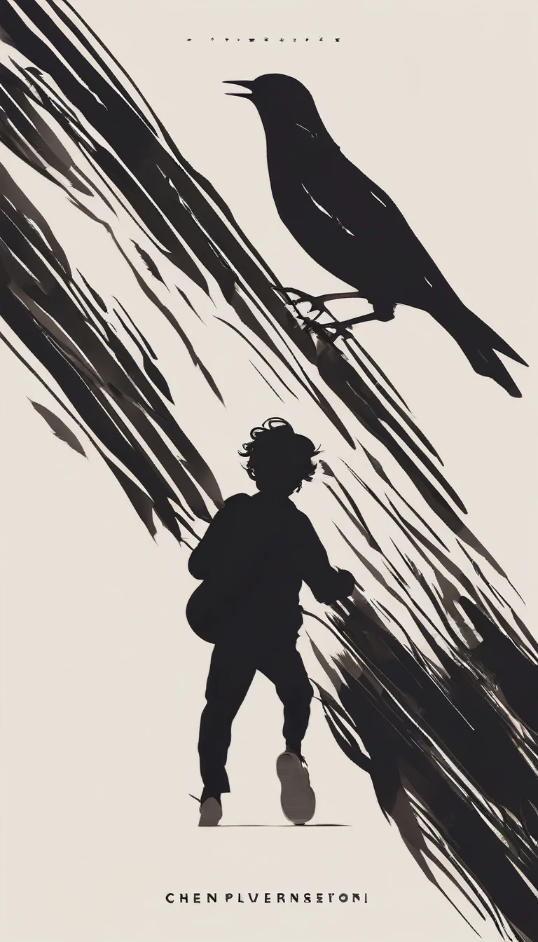 Create a modern, minimalistic logo design for a brand about music and movies called " Penamemoria". The logo must be in minimalistic style and convey a sense of storytelling. The logo is the silhouette of a boy and a bird. The boy is running with open arms, holding an acoustic guitar in the right hand and a bird feather in the left hand. Minimalistic logo design impressed on a book cover
