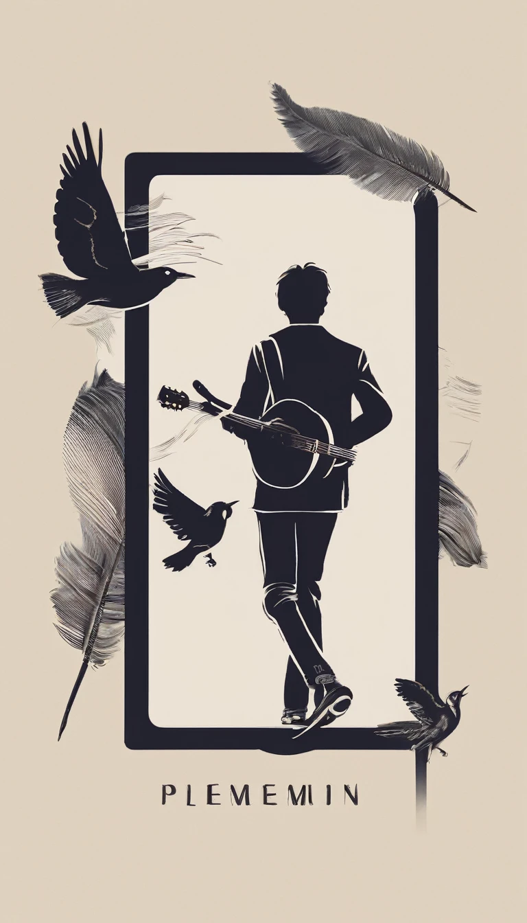 Create a modern, minimalistic logo design for a brand about music and movies called " Penamemoria". The logo must be in minimalistic style and convey a sense of storytelling. The logo is the silhouette of a boy and a bird. The boy is running with open arms, holding an acoustic guitar in the right hand and a bird feather in the left hand. Minimalistic logo design impressed on a book cover