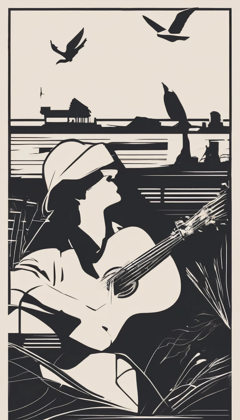 Create a modern, minimalistic logo design for a brand about music and movies called " Penamemoria". The logo must be in minimalistic style and convey a sense of storytelling. The logo is the silhouette of a boy and a bird. The boy is running with open arms, holding an acoustic guitar in the right hand and a bird feather in the left hand. Minimalistic logo design impressed on a book cover