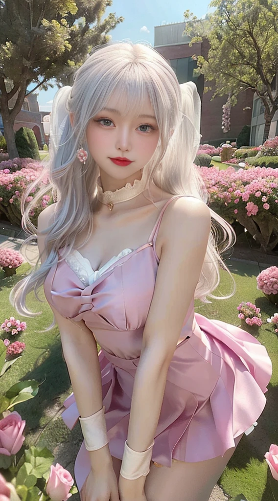 Realistically, high resolution, Soft Lighting,，(1 female 1:1.5), Huge breasts，Radiant skin, Delicate skin, Solitary, Lift your hips slightly, Just looking at the audience, Laugh happily，(Delicate face), White hair, High Ponytail，Pink hair accessories，Long white hair，blue eyes, Transparent tulle headband，The clothes are transparent，(Pleated Skirt)，belt，The background is the garden（Full of colorful roses），Pantyhose