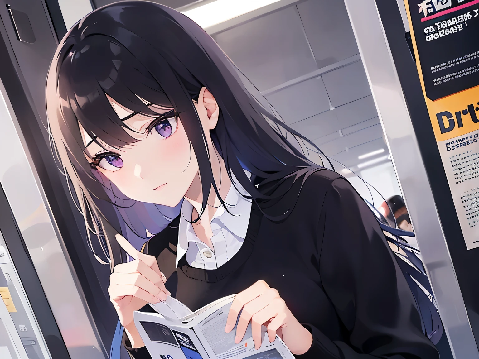 BREAK(school uniform)BREAK,Realistic,real person,(pale skin: 1.2),RAW photo,photorealistic,shiny skin,shiny hair,(13-year-old girl with straight hair and bangs)and(medium hair)and(black hair)and(purple eyes),(serious),The background is inside a train,Alone,(looking away:1.5),(looking down),(Read magazines:1.5),(Biologically correct5Finger),Upper Body