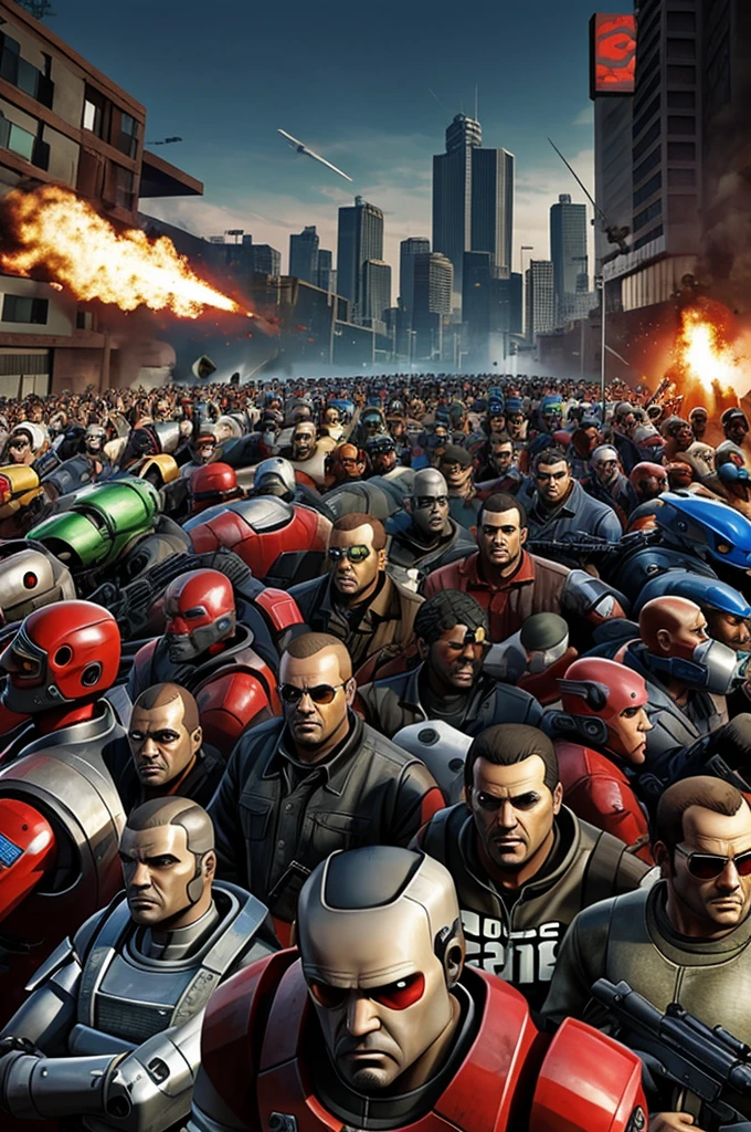 All the protagonists of the GTA saga vs a horde of robots