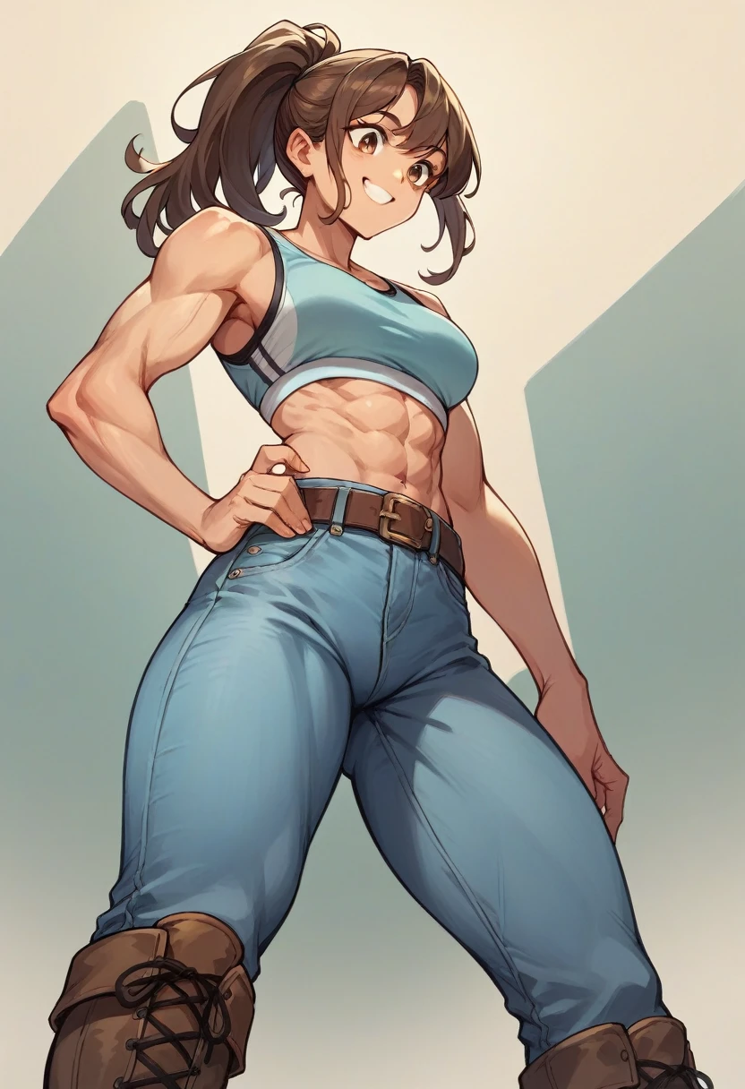 high resolution,Light blue jeans,skinny,Brown belt,Sports Bra,boots,Muscular,Brown Hair,ponytail,Beauty,cute,smile,Looking down