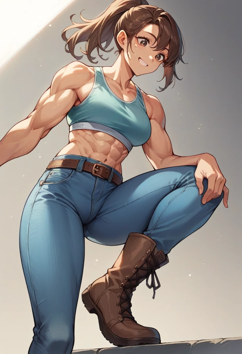 high resolution,Light blue jeans,skinny,Brown belt,Sports Bra,boots,Muscular,Brown Hair,ponytail,Beauty,cute,smile,Looking down