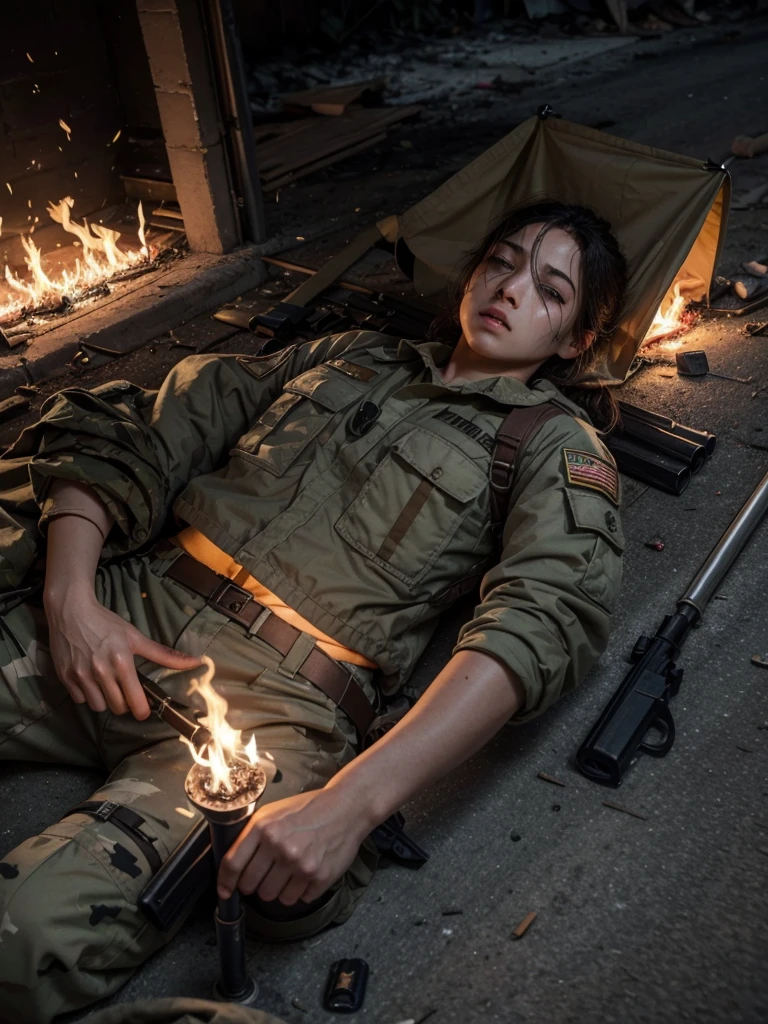 Injured soldier lying on the ground in army clothes, Weapons on the ground,  houses on fire 