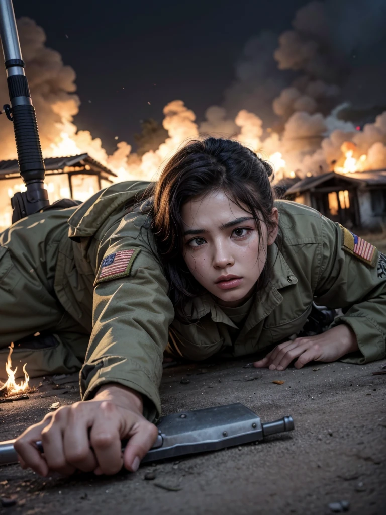 Injured soldier lying on the ground in army clothes, Weapons on the ground,  houses on fire 