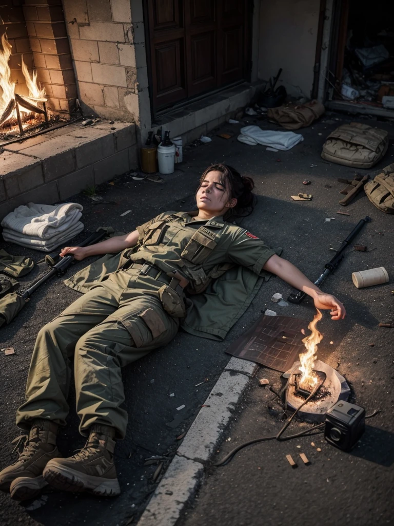 Injured soldier lying on the ground in army clothes, Weapons on the ground,  houses on fire 