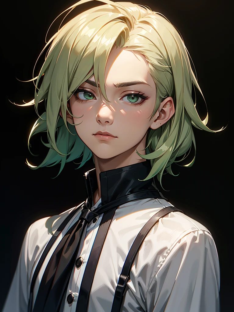 ((Portrait Photo)), He has a Youthful and Nonchalant Appearance, with a Slim Build and Calm Demeanor. He Expresses an Indifferent and Lazy Look, Giving Off an Serene Attitude. He has Light Green Eyes, and His Hair is Short and Tousled, Jet Black, with Strands Falling Around His Hace. He Wears Simple, Urban Clothing, with a Casual White Button-Down Shirt with Long Sleeves, Accompanied by a Black Vest. ((Portrait Photo, HDR, Dark Background))