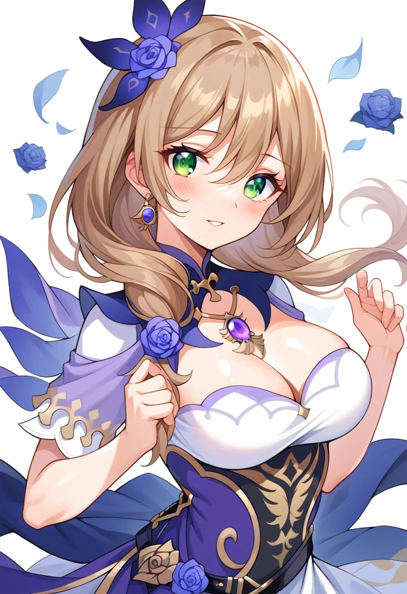 lisa (genshin impact), 1girl, solo, long hair, breasts, looking at viewer, blush, smile, bangs, large breasts, brown hair, hair ornament, dress, hair between eyes, green eyes, flower, short sleeves, parted lips, hair flower, white dress, rose, purple flower