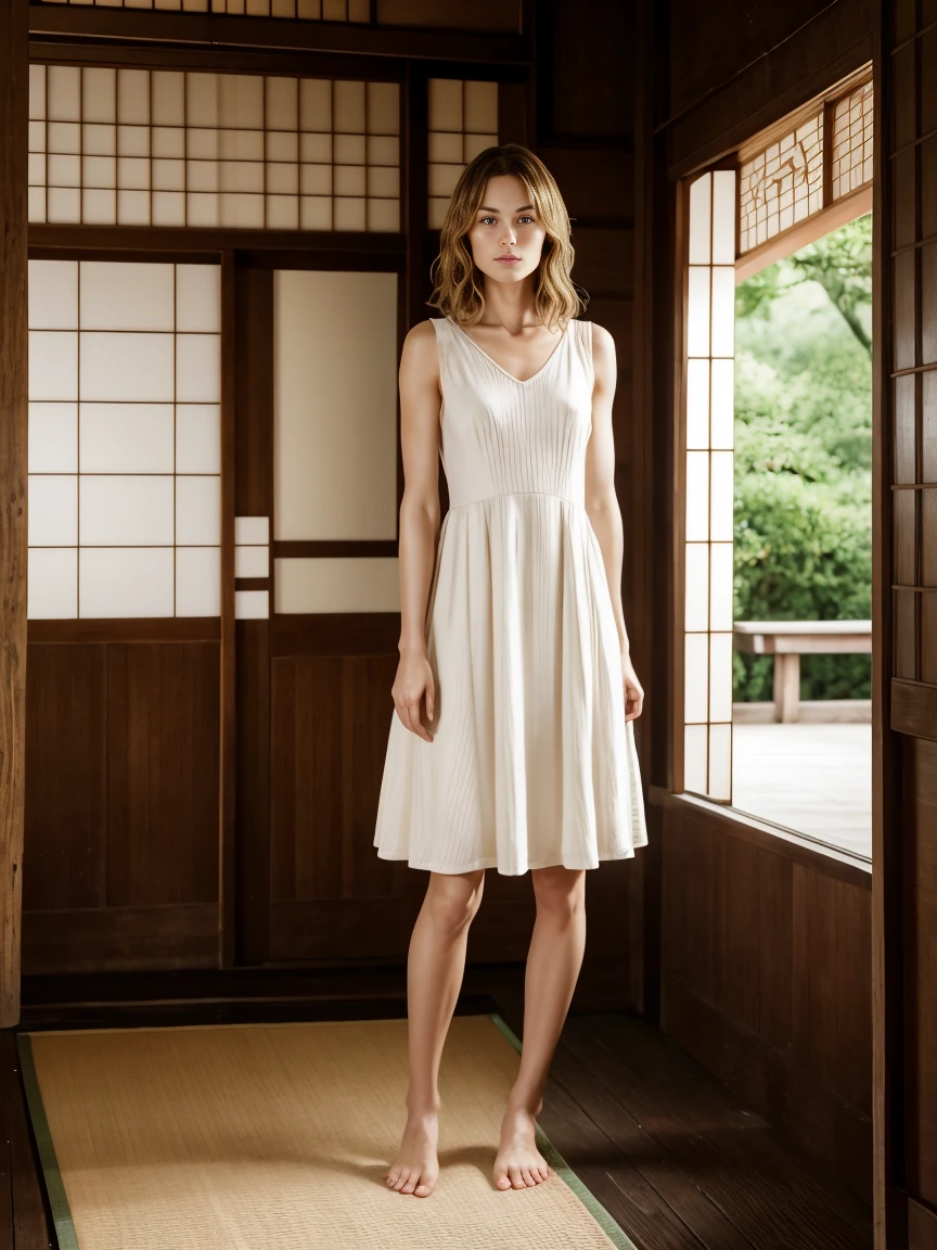 Beautiful mature woman, (Keira Knightley: 0.5), alone, (Skin Texture: 1.1), A face with attention to detail, Detailed lips, Fine grain, Short blonde、(White Dress)、barefoot、Standing in a spooky old Japanese house, (Athlete's Body), ((Small breasts: 1.1)), , Horny whore, Realistic, (masterpiece: 1.2), Very detailed, Exquisitely crafted, Professional, Cinema Lighting, Rim Light, Studio Lighting