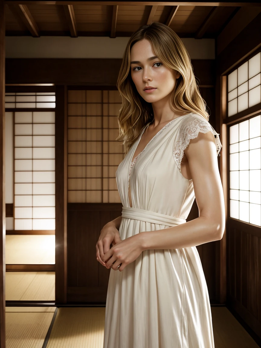 Beautiful mature woman, (Keira Knightley: 0.5), alone, (Skin Texture: 1.1), A face with attention to detail, Detailed lips, Fine grain, Short blonde、(White Dress)、barefoot、Standing in a spooky old Japanese house, (Athlete's Body), ((Small breasts: 1.1)), , Horny whore, Realistic, (masterpiece: 1.2), Very detailed, Exquisitely crafted, Professional, Cinema Lighting, Rim Light, Studio Lighting