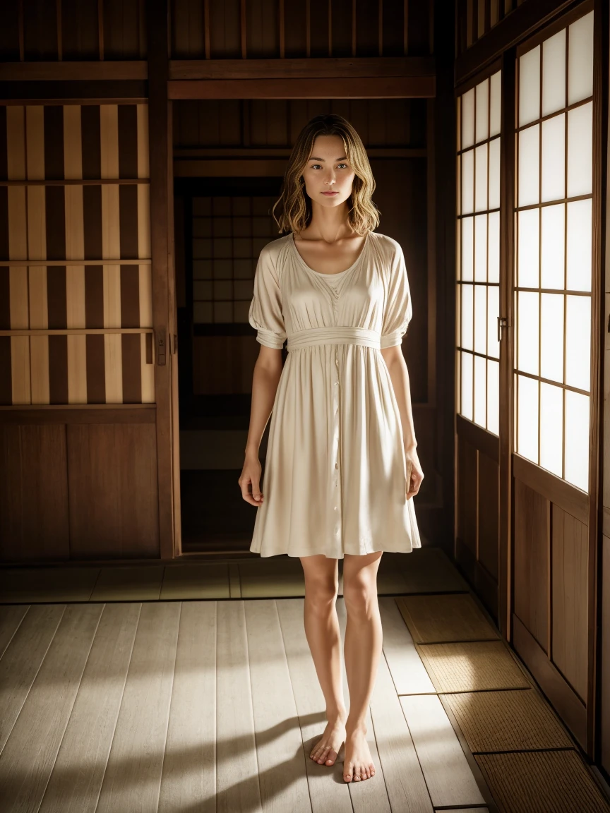 Beautiful mature woman, (Keira Knightley: 0.5), alone, (Skin Texture: 1.1), A face with attention to detail, Detailed lips, Fine grain, Short blonde、(White Dress)、barefoot、Standing in a spooky old Japanese house, (Athlete's Body), ((Small breasts: 1.1)), , Horny whore, Realistic, (masterpiece: 1.2), Very detailed, Exquisitely crafted, Professional, Cinema Lighting, Rim Light, Studio Lighting