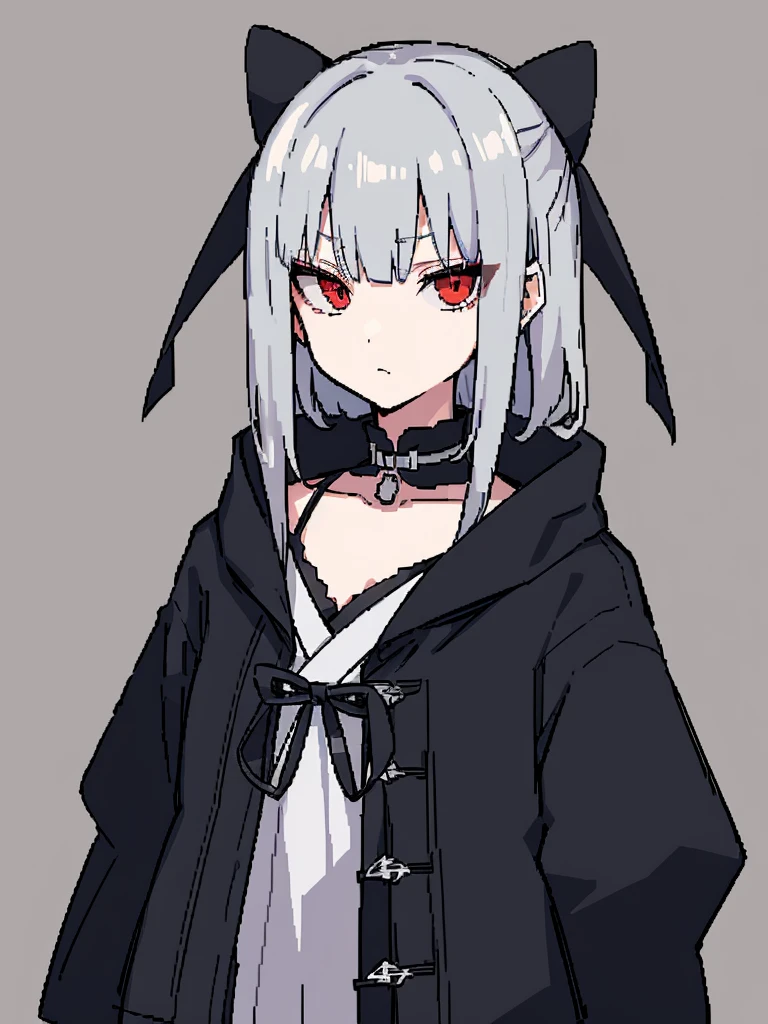 Gray Hair，Girl，Poker face，flat chest，Black Kimono，serious，独奏，coat,red eyes，expressionless, expressionless eyes,Pixel Art，No hair ornament,no hat，