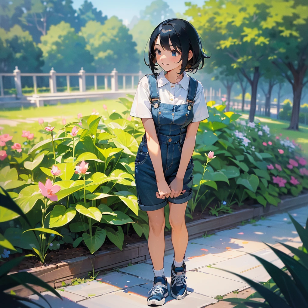 (high quality, High resolution, Very detailed, reality:1.37), Peaceful atmosphere, (Outdoor, garden), age girl standing alone, (my breasts are big.), Beautiful details, Cute Smile, (Black bob hair), Short sleeve shirt, Overalls, Blue socks, sneakers.