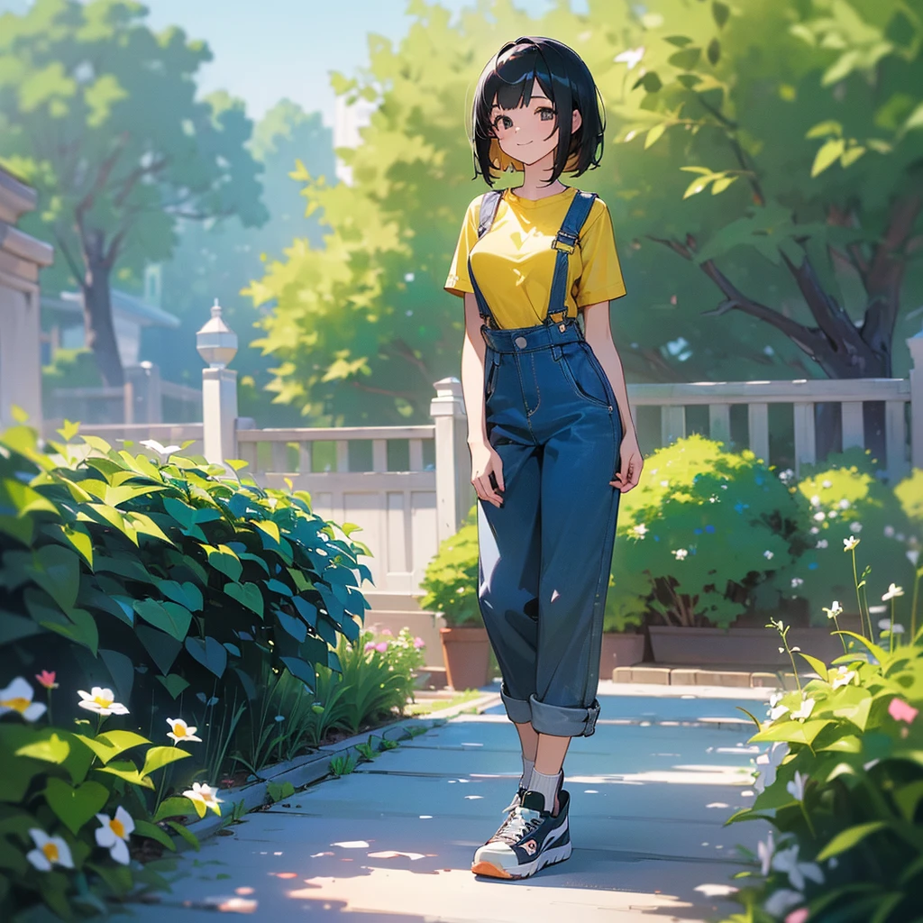 (high quality, High resolution, Very detailed, reality:1.37), Peaceful atmosphere, (Outdoor, garden), Teenage girl standing alone, (my breasts are big.), Beautiful details, Cute Smile, (Black bob hair), Short sleeve shirt, Overalls, Blue socks, sneakers.