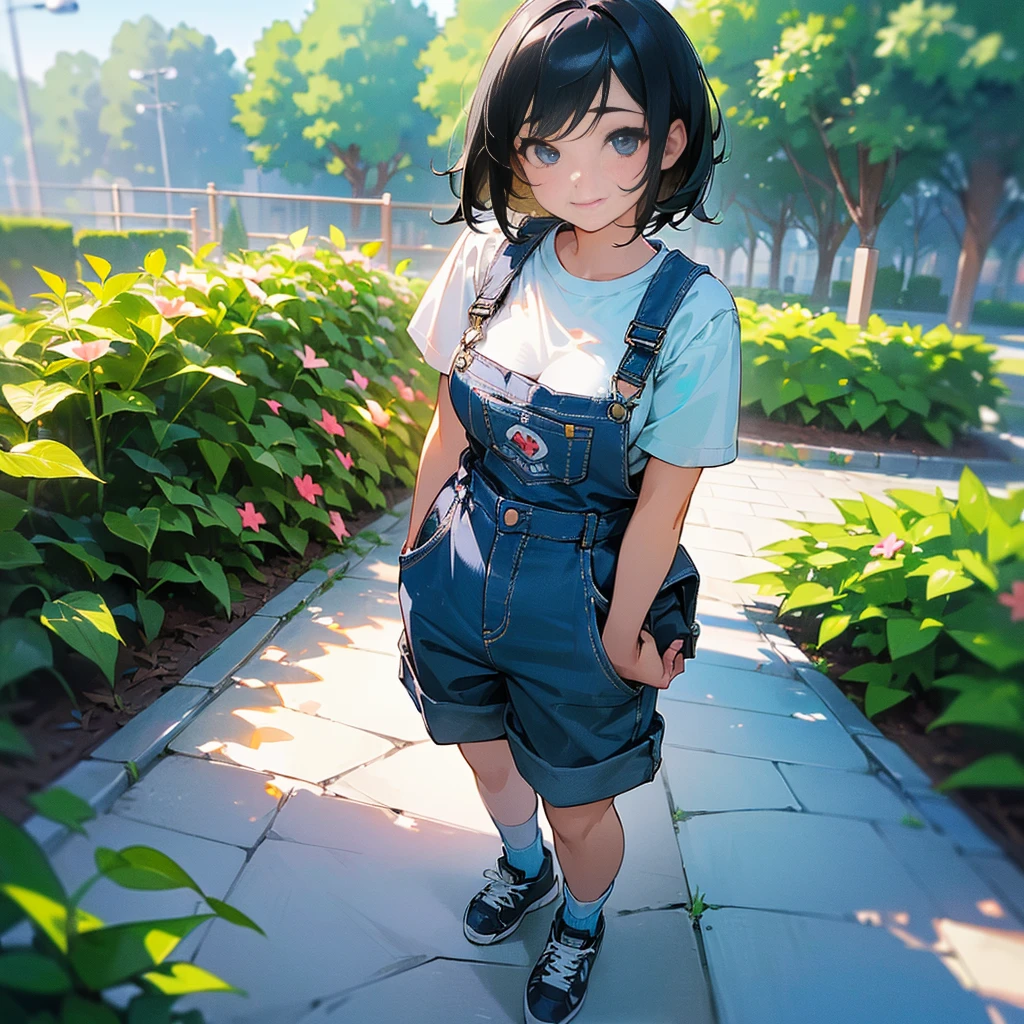 (high quality, High resolution, Very detailed, reality:1.37), Peaceful atmosphere, (Outdoor, garden), Teenage girl standing alone, (my breasts are big.), Beautiful details, Cute Smile, (Black bob hair), Short sleeve shirt, Overalls, Blue socks, sneakers.