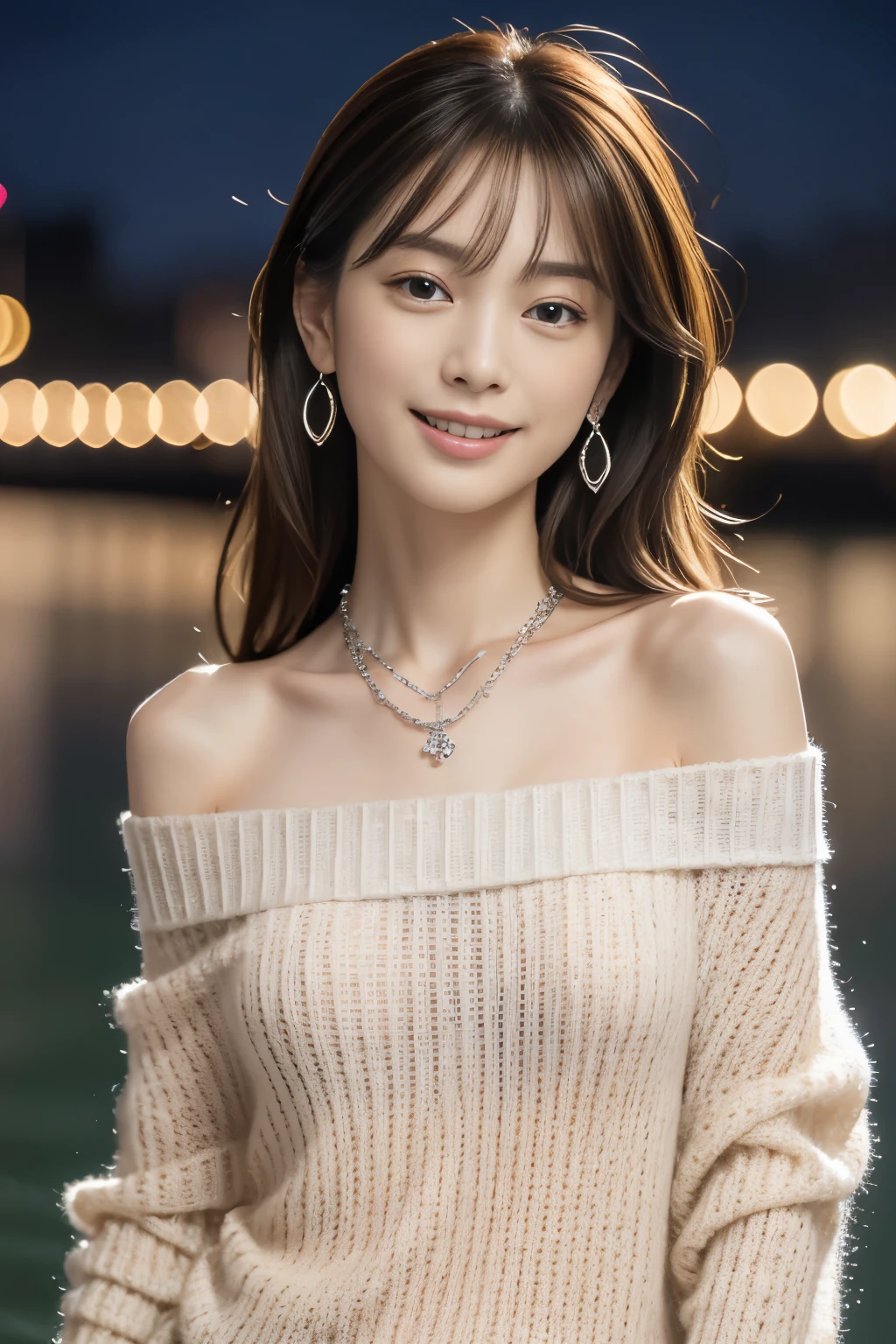 High resolution, Raw photo, Photorealistic, Extremely delicate and beautiful, Extremely detailed, finely detail, Highly detailed CG Unity 8k wallpaper, Ultra-detailed, (Best Quality, 8K, 32K, masterpiece, UHD:1.2), Photo of Pretty Japanese model walking downtown at night, beautiful and detailed face, beautiful and clear eyes, delicate figure, medium hair, slender body, off-shoulder sweater, earrings, silver necklace, innocent smile, (upper body:1.3),