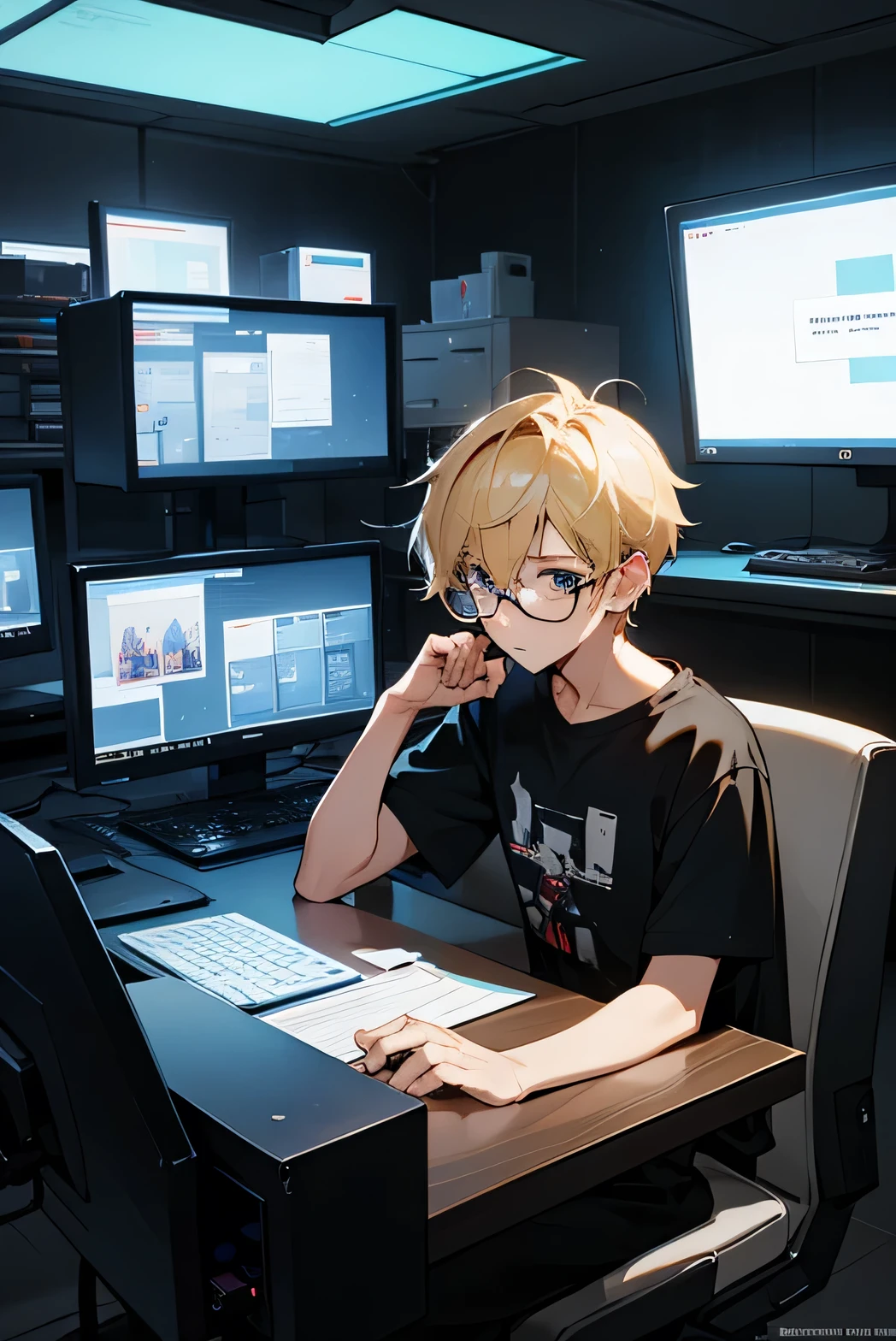 a boy of approximately 17 years old. He wears glasses and has straight, blonde hair.. The boy is wearing a black t-shirt with the word "LOST" written on it. He is sitting in front of a computer with multiple screens, displaying codes and graphics. There is a cup of coffee next to the keyboard, and some books about programming and technology spread across the table. His surroundings are a modern bedroom with gaming and technology posters on the walls., and colorful LED lights illuminating the area.FULL HD
