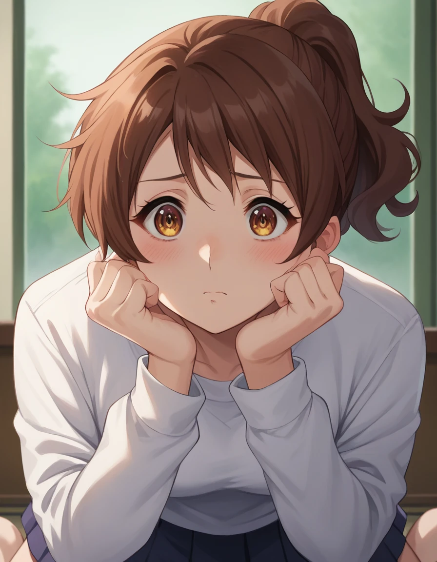 Highest quality, High resolution, masterpiece, (Beautiful Eyes), (Fine grain), Detailed face, kumiko oumae, Brown eyes, Brown Hair, short hair, Wavy Hair, ponytail, Grim face, blush, skirt, shirt, Long sleeve, pleated skirt, neckerchief, brown skirt, White sailor collar, brown shirt, Kitauji High , red neckerchief, indoor, bedroom, White bed, (On all fours:1.5), View your viewers, (Striped pattern_panties:1.5), (Wide pelvis:1.5), (Big Ass), (one panty:1.5), (Push your panties down a little:1.5), (From behind:1.5), (Plump thighs), (Align your legs), nsfw