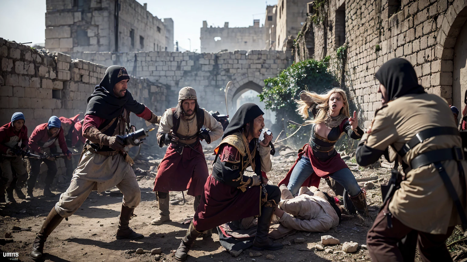 Zealots showing desperate bravery amidst the relentless siege, with the city's resources depleted and conditions rapidly deteriorating. The image portrays famine and disease-stricken population inside the crumbling walls of Jerusalem, capturing the anguish and despair. Ultra-realistic, super-resolution 16k, UHD, HDR, hyper-detail, epic composition, Panasonic Lumix G Leica DG Nocticron 42.5 mm f/1.2.