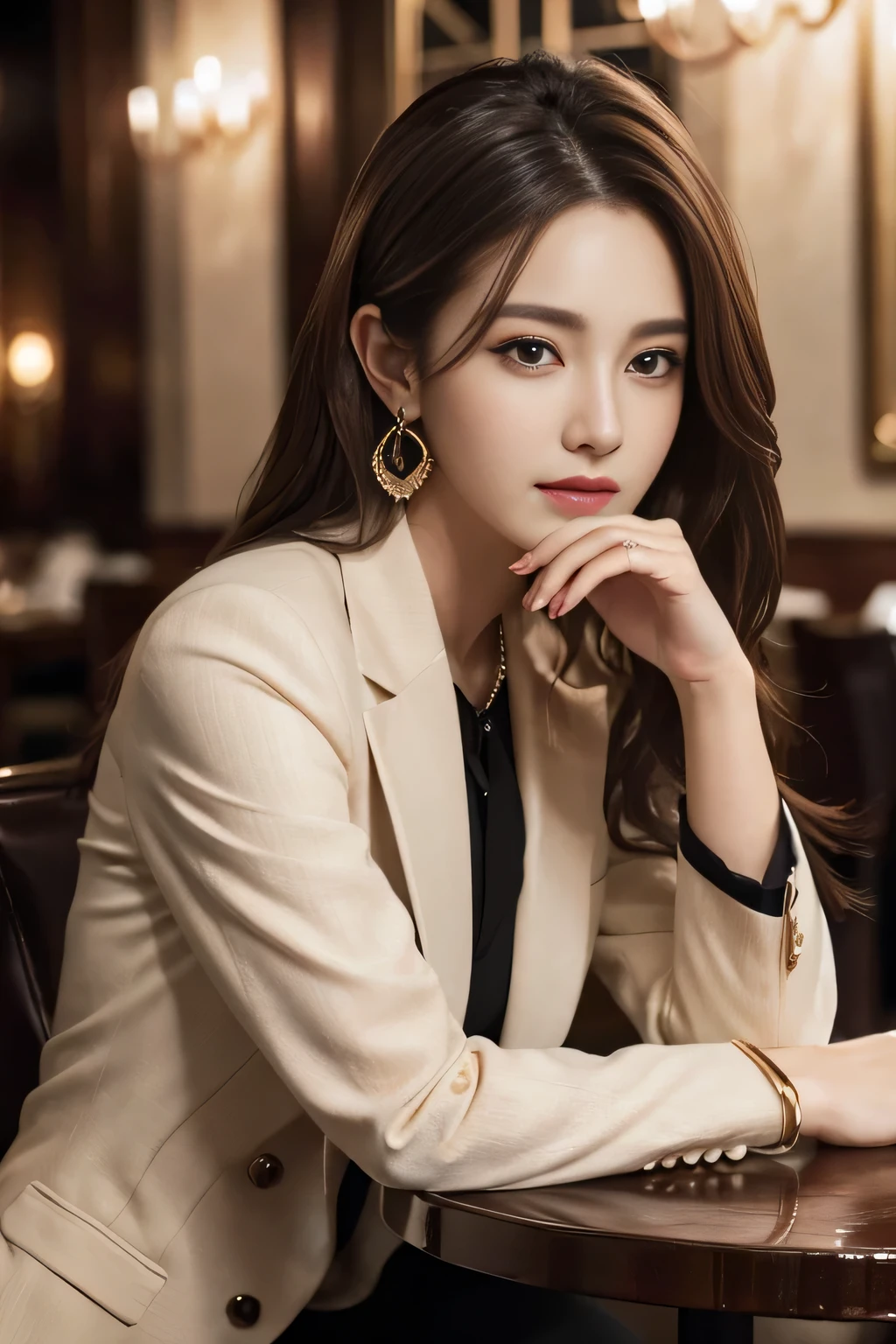 masterpiece, Highest quality, Realistic, Very detailed, Finer details, High resolution, 8k wallpaper, One beautiful woman,Wear a nice suit, In a great restaurant, At night, Light brown messy hair, Perfect dynamic composition, Beautiful and beautiful eyes、Big earrings、Sit on a chair
