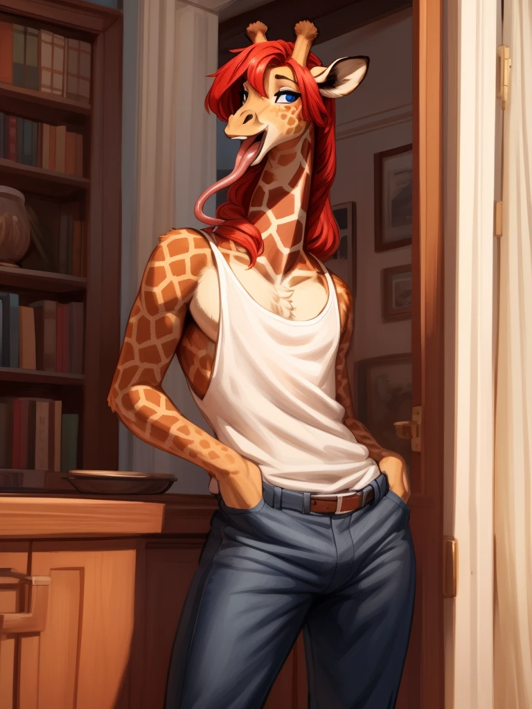 Masterpiece, hi res, absurdres, Best Quality, detailed, 4K, 8K, detailed,HD, By bebebebebe, by wsache, by greasymojo, by inu-sama, solo,tall,detailed eyes, male,girly, androgynous,makeup, giraffe anthro,giraffe, red hair,long hair, long neck, Open mouth, tongue out,very long tongue, oversized camisole,curvy, Big ass, flaccid male genitalia, balls, dense tuft of fur above genitalia,dense tuft of fur on chest, remove pants, better eyes, detailed eyes,Open pants,unbuttoned pants,detailed hands