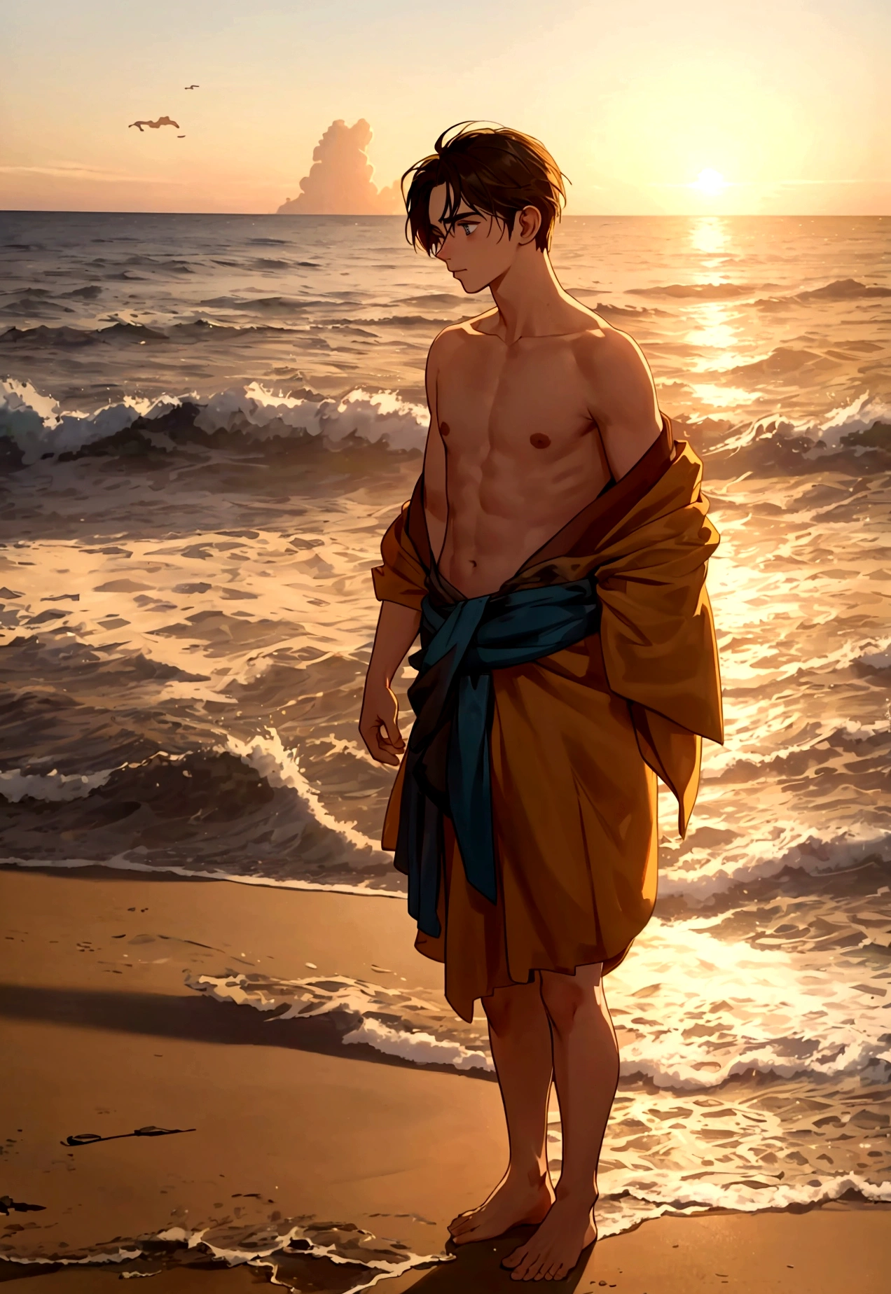 “As the first rays of dawn break over the horizon, they reveal a large ship anchored off the coast of the island. The half naked tired man stands on the beach, his eyes wide with astonishment and hope. The morning light paints the scene in warm, golden hues, evoking the magical realism of a Studio Ghibli moment of discovery.”
