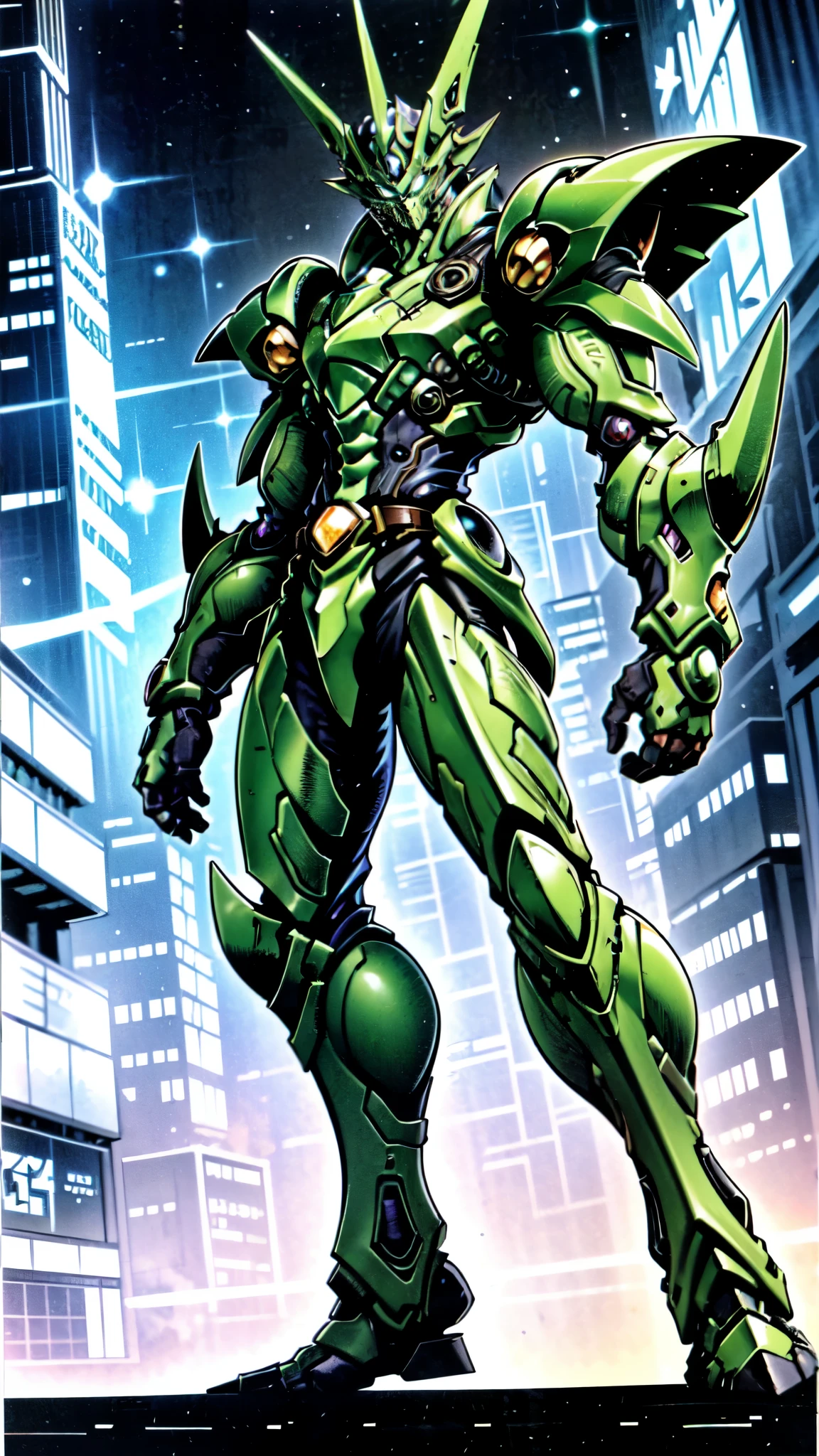 (masterpiece:1.5, best quality:1.5, extremely delicate:1.5, perspective:1.5, foreshortening:1.5, dynamic angle:1.5), a man wearing a full-face helmet, a fantasy-style biotech armored combat suit, green eyes, (a composite layered chest armor), fully enclosed shoulder guards, matching arm and leg guards, the belt is adorned with neon circuitry, (the color scheme is primarily black glow with green and red accents), the design balances heavy with agility, a high-tech bio-mecha armor, (Armor Concept Inspired by neon Cyberpunk, stand on the top of a skyscraper in a futuristic sci-fi city), this character embodies a finely crafted fantasy-surreal style armored hero in anime style, exquisite and mature manga art style, (battle damage, element, plasma, energy, the armor glows), ((male:1.5)), metallic, high definition, highres, ultra-detailed, ultra-fine painting, professional, perfect body proportions, golden ratio, anatomically correct, symmetrical face, extremely detailed eyes and face, high quality eyes, creativity, RAW photo, UHD, 32k, Natural light, cinematic lighting, masterpiece-anatomy-perfect
