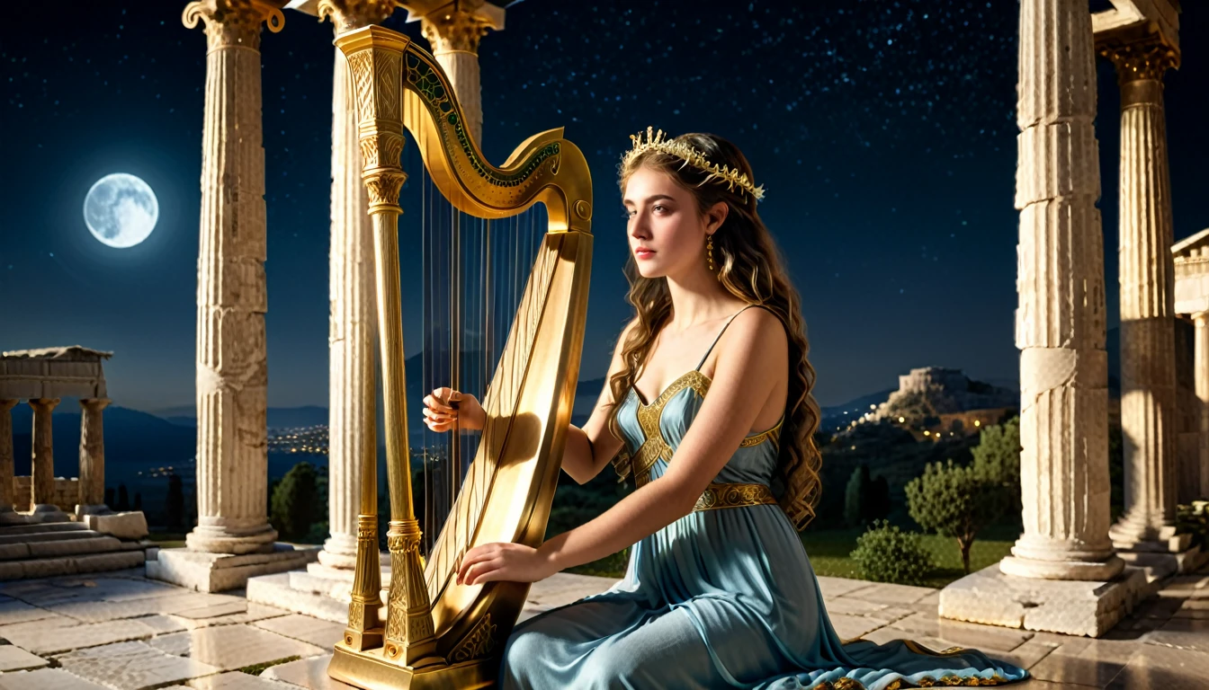 a young priestess, sitting, she places a harp larger than herself in front of him and plays it, playing a large lyre, ancient Greek temple, late at night, inside the temple it is (dark:1.3) and there is (no lighting:1.2), the moonlight shines in at an angle, shining a faint light on her., highly detailed, photorealistic, realistic lighting, intricate architecture, ornate decorations, cool color palette, golden accents, soft fabric textures, mesmerizing expression, elegant pose, cinematic composition, natural lighting, realistic shadows, mystical atmosphere, hyperrealistic, award-winning art