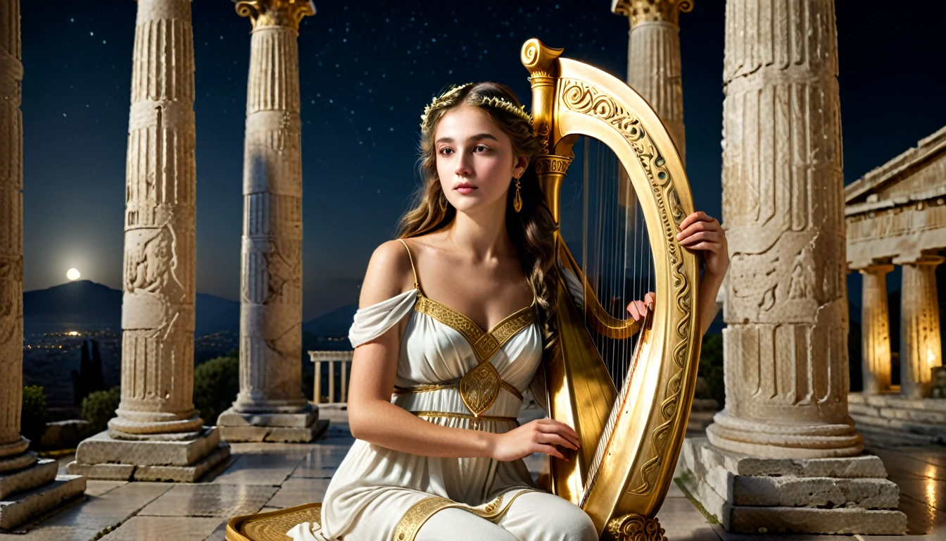 a young priestess, sitting, she places a harp larger than herself in front of him and plays it, playing a large lyre, ancient Greek temple, late at night, inside the temple it is (dark:1.3) and there is (no lighting:1.2), the moonlight shines in at an angle, shining a faint light on her., highly detailed, photorealistic, realistic lighting, intricate architecture, ornate decorations, cool color palette, golden accents, soft fabric textures, mesmerizing expression, elegant pose, cinematic composition, natural lighting, realistic shadows, mystical atmosphere, hyperrealistic, award-winning art