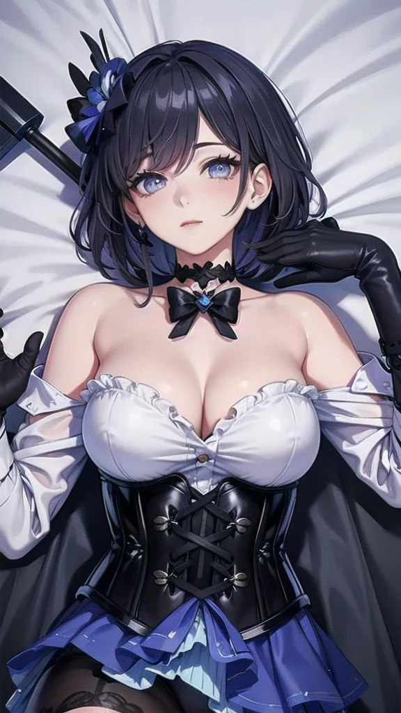Masterpiece, Beautiful art, professional artist, 8k, Very detailed face, Detailed clothing, detailed fabric, 1 girl, Soul Fullness \(Honkai Impact 3rd\), View from above, lying on a bed, BIG BREASTS, perfectly drawn body, shy expression, pale skin, beautiful face, short dark blue hair, 4k eyes, very detailed eyes, pink cheeks, choker:1.6, (white long sleeve button down shirt with white collar), black gloves, gloves that cover hands, (holds an ax with his right hand), (black leather corset), (shiny black tight mini skirt), Sensual Lips , show details in the eyes, looking at the viewer, elegant room, At night
