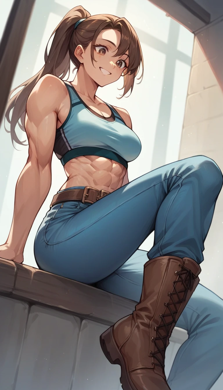 high resolution,Light blue jeans,skinny,Brown belt,Sports Bra,boots,Muscular,Brown Hair,ponytail,Beauty,cute,smile,Looking down