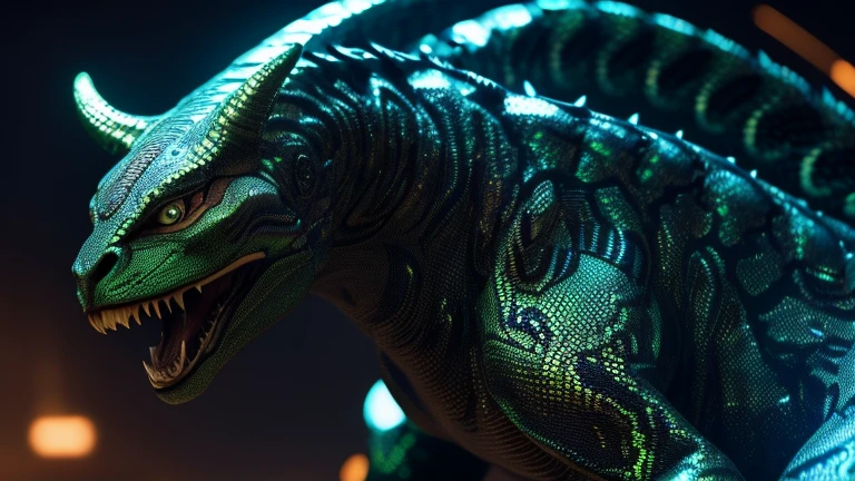 Full length portrait: Alien creature jaguar, snake, Dragon in humanoid form, with opalescent skin and iridescent scales, masterpiece, absolutely perfect, stunning image, visually rich, intricately detailed, concept art, by Mschiffer, resplendent, cinematic, background UHD screen, 3d, octane render, volumetric lights
