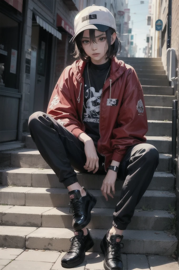 Wear a hat、A man in his fifties sitting on the stairs with his shoes on, She wears streetwear, Realistic art style, Style Anime, Anime Style mixed with fujifilm, Anime Style. 8K, high quality Anime art style, Gweiz-style artwork, Anime Style 4 k, photoRealistic art style, realistic Anime art style, Anime art style