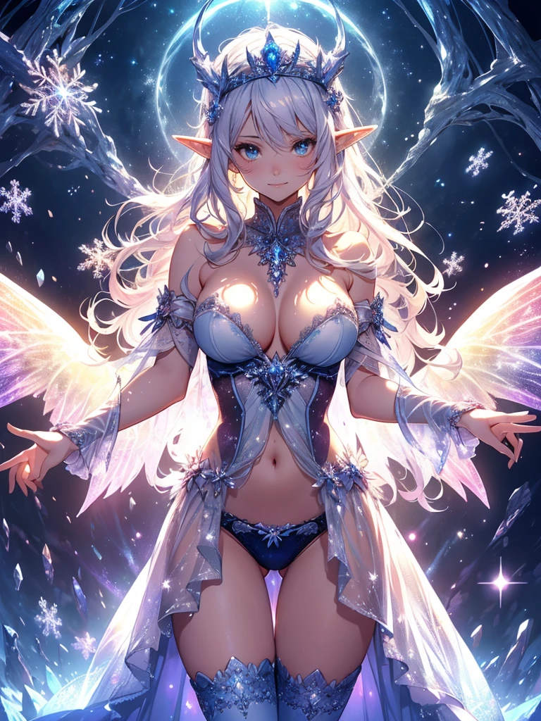 最high quality、Many snowflakes cover the background、最high quality、1 woman elf、Succubus、Stand against a wall(( cowboy shot ))((underwear))'((beautiful underwear))、Lots of giant snowflakes、Beautiful eyes、tears、Raise your arms behind your head、Beautiful decoration、、Ice tiara、Beautiful galactic light、A world made of ice、最high quality , Fractal Art.Ice Throne、ice World、Bikini、beautiful big ass、　((Laugh beautifully、))((Glowing ice　))SMqueen、Beautiful face、orgasm、Ecstasy、Beautifully decorated stockings、Ice crystals、Crystal of snow、Ice wall、ice World、Bigger on the front、 We welcome you with open arms, beautiful shine,High-definition depiction, Realistic, 8K, Unity, Beautiful thighs,,Giant Devil's Wings、Rainbow-colored wings、、 light smile, Beautifully and vividly drawn, , beautiful beautiful透き通る肌、The magic of shining beautiful decoration、Beautiful decoration, beautiful、 Romanticism,mosquito。 The most beautiful form of chaos, Mr..々 Intertwined flowers, P article,Magical gentle light,smile,,image quality、masterpiece、Beautiful face、Super beautiful elf woman((Big breasted 22 year old office lady、Bust 120,Beautiful long ironed hair、Silver Hair、height: 165cm。、Esbian、、high quality、、Visual Arts、最high quality、1 woman elf NP: Worst quality ,beautiful Fractal Art　、、、light、Beautiful radiance,High-definition depiction, Realistic, 8K, Unity, , light smile, Beautifully and vividly drawn, , Beautiful, beautiful, clear skin、 Countless rays of light pouring down, Swirling Light, big background, , Intense light is emitted from the magic circle in front of the girl. Romanticism,Cowboy Shot: 最high quality　　