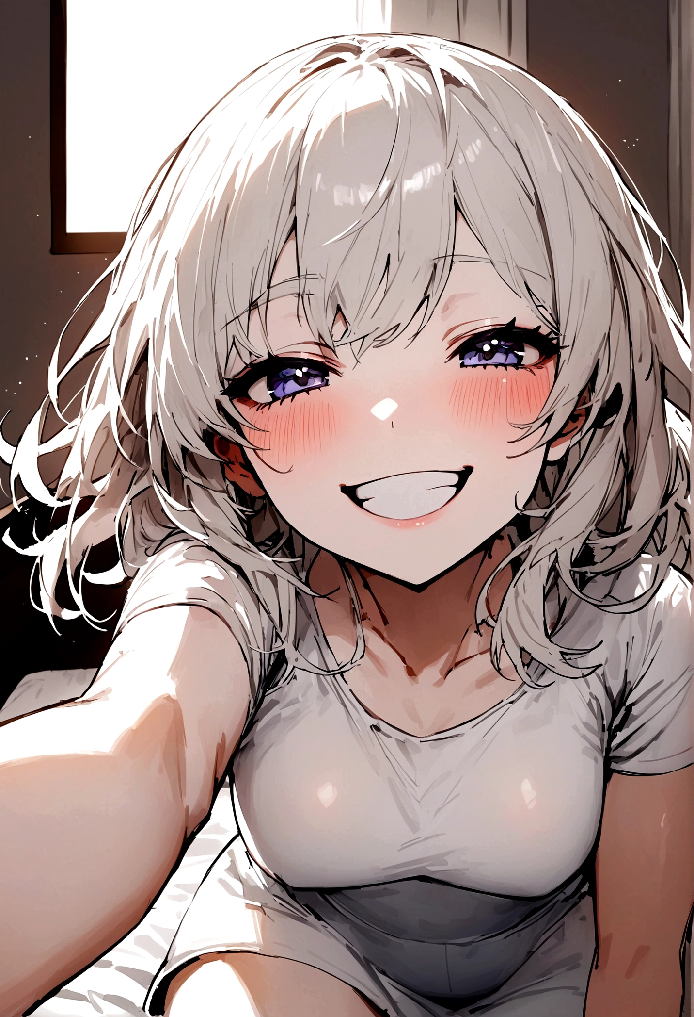 White tight shirt、White tight skinny mini skirt、bed、smile、Short sleeve、high resolution、Korean idol face、double eyelid、White teeth、Medium Hair